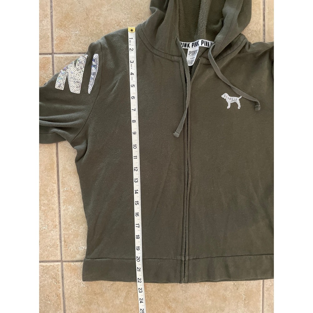 Victoria's Secret PINK Olive Green Sequin Logo Sleeves Full Zip Hoodie Size M - Picture 4 of 8